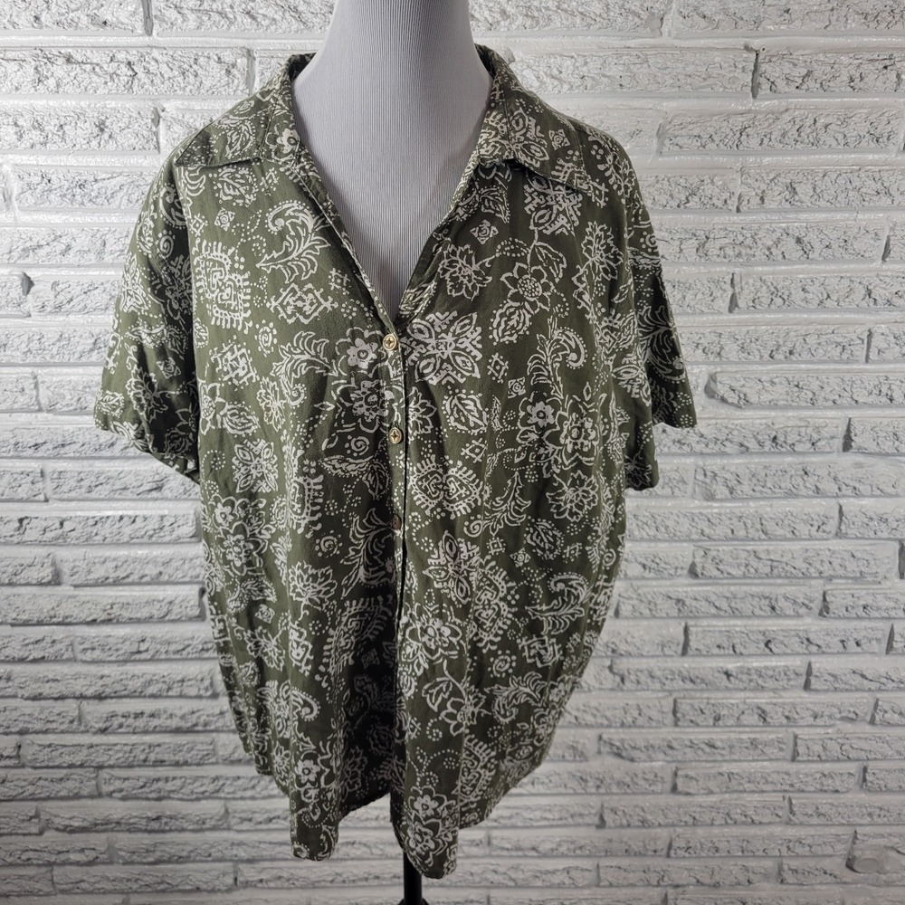 Erika Women 2X Top Green White Floral Cotton Button Up Shirt Short Sleeve Collar